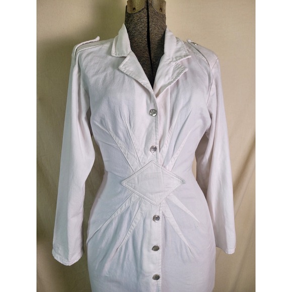 Vintage 80s All That Jazz‎ Midi Dress Tailored White Ruched Waist Button Up XS/S - Picture 2 of 16